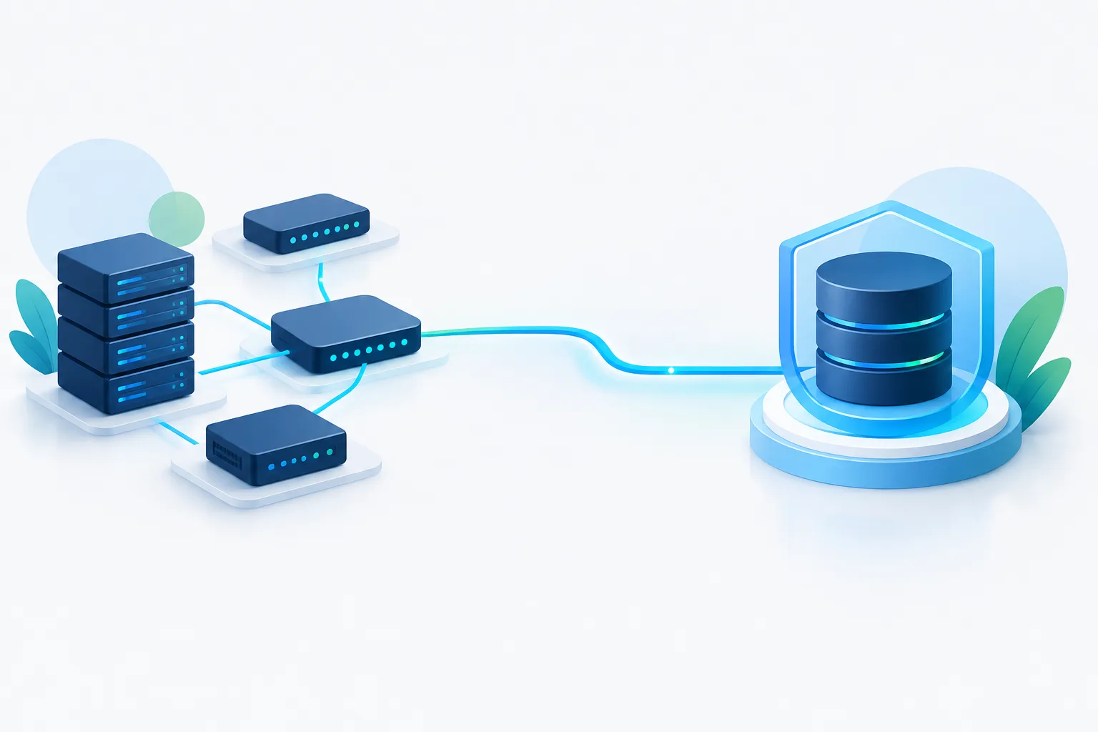 An abstract arrangement of network components and a storage device.