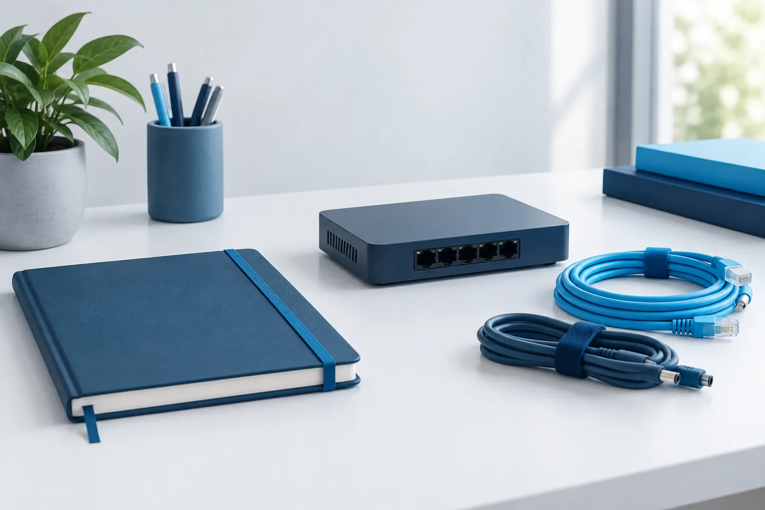 A notebook and network equipment arranged neatly on a business workspace.